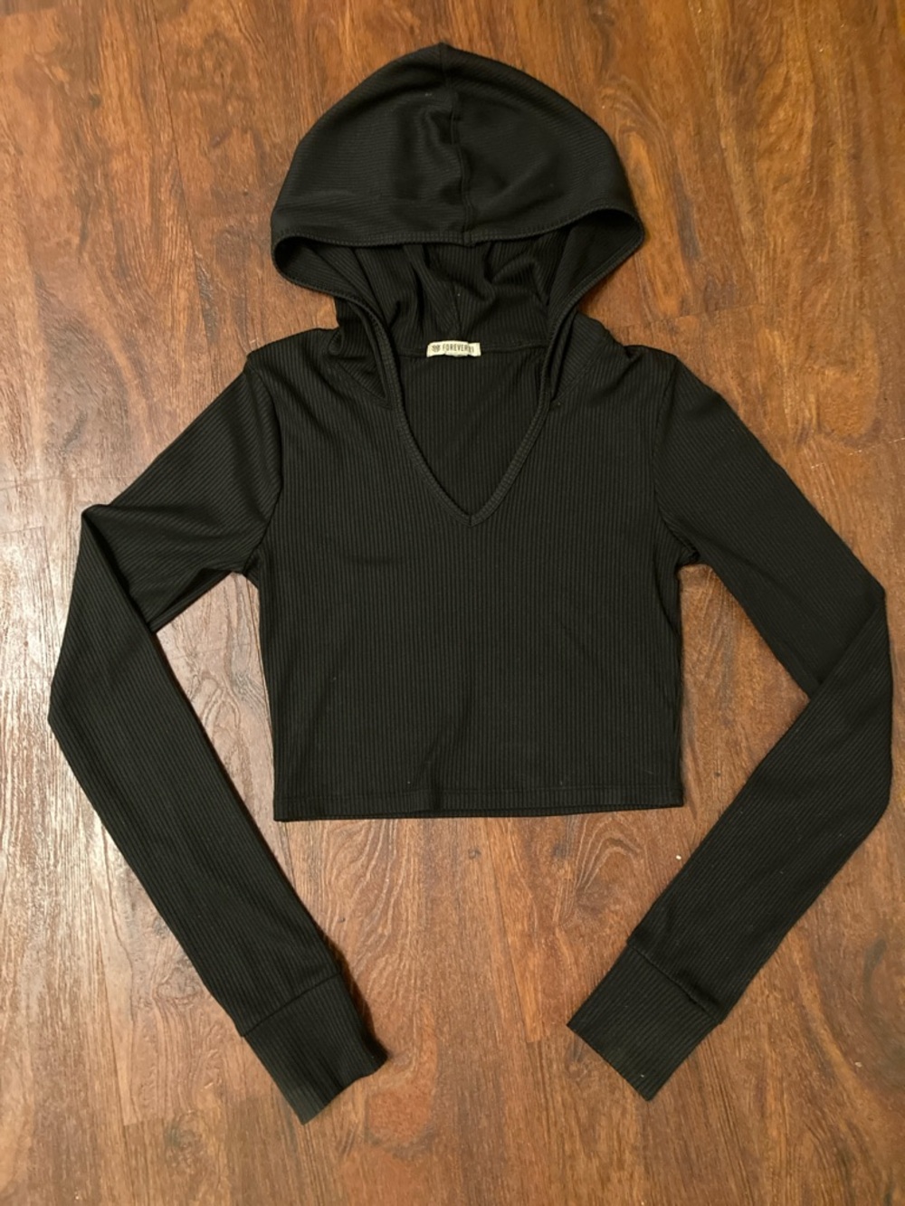 Forever 21 Black Ribbed V-Neck Hooded Crop Top